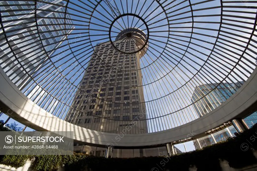 Harbour Centre as seen through courtyard glass domed roof, Vancouver, BC, Canada