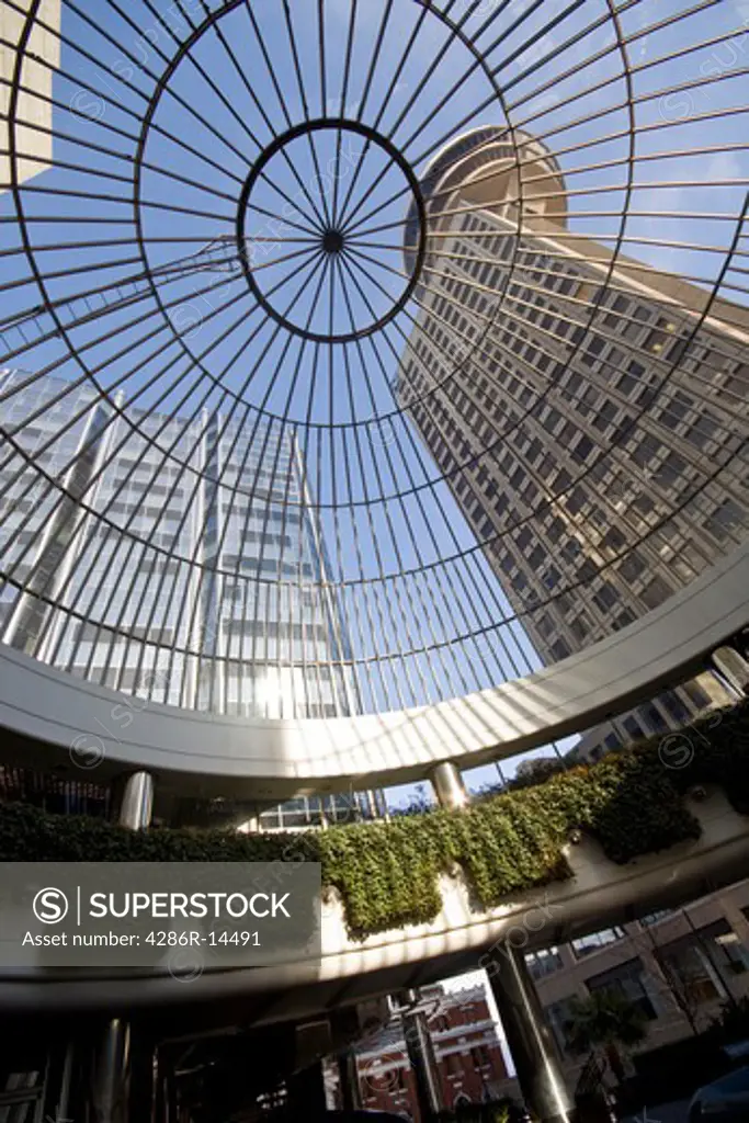 Harbour Centre as seen through glass domed roof, Vancouver, BC, Canada
