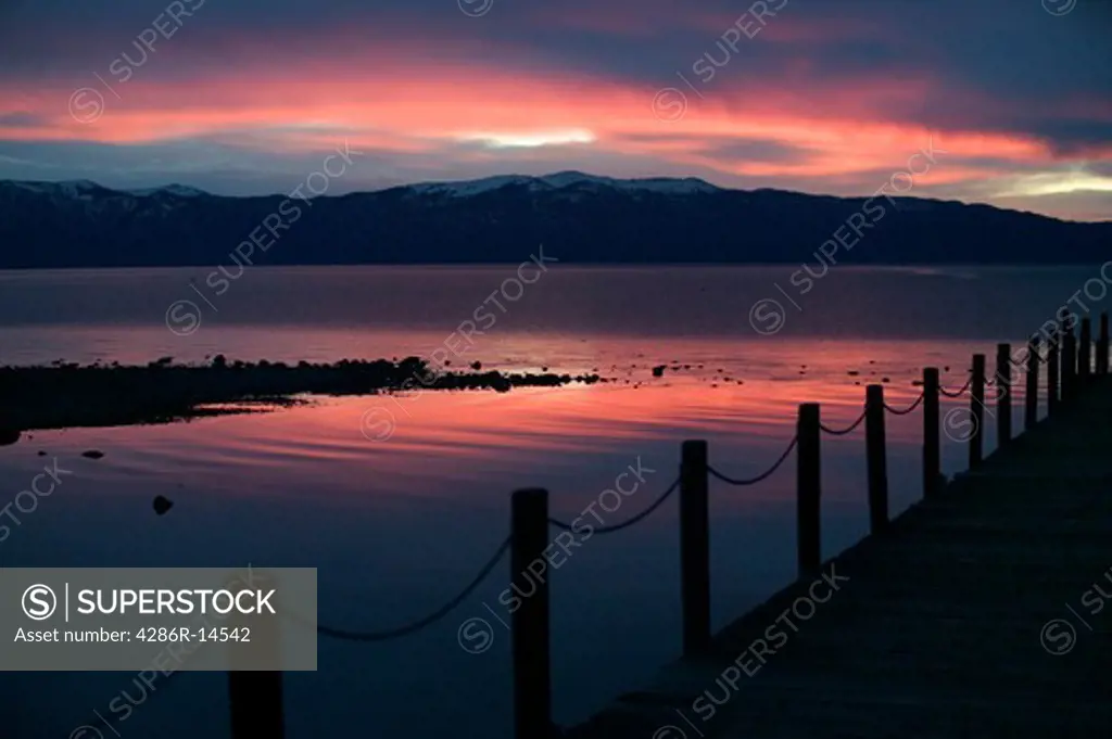Sunrise over a dock on Lake Tahoe, CA.