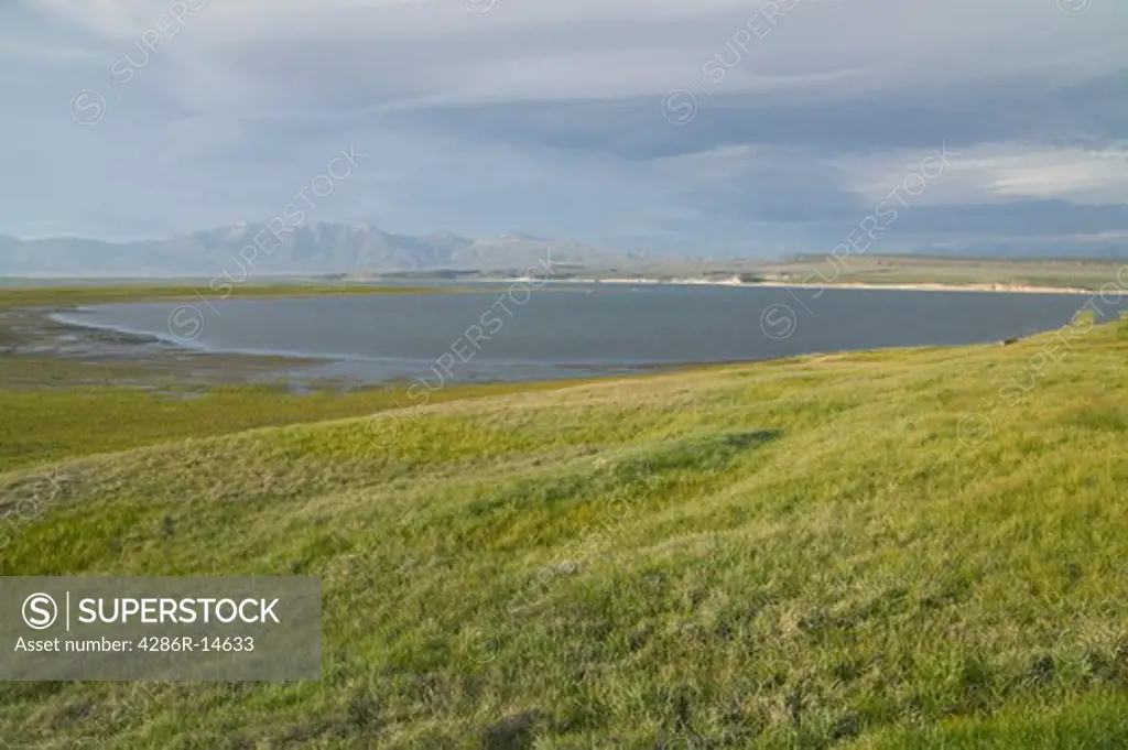 Crowley Lake and  a meadow on the east side of the Sierra mountains in the evening.