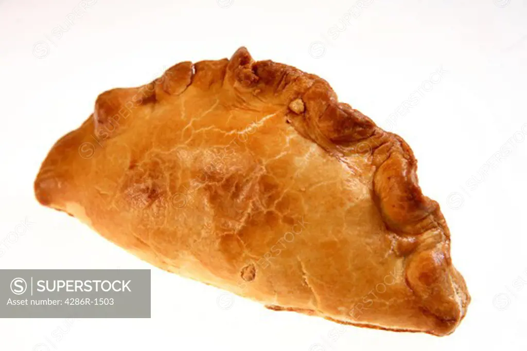 An isolated Cornish Pasty, a very popular snack in the UK.