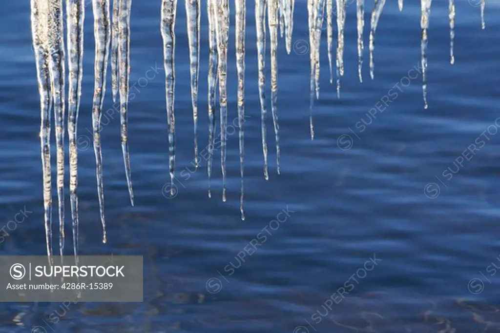 Icicles on Lake Tahoe in California at sunrise.