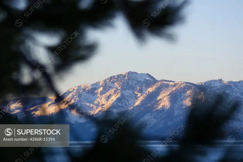 Mount Tallac from the east shore of Lake Tahoe on a sunny day in winter.