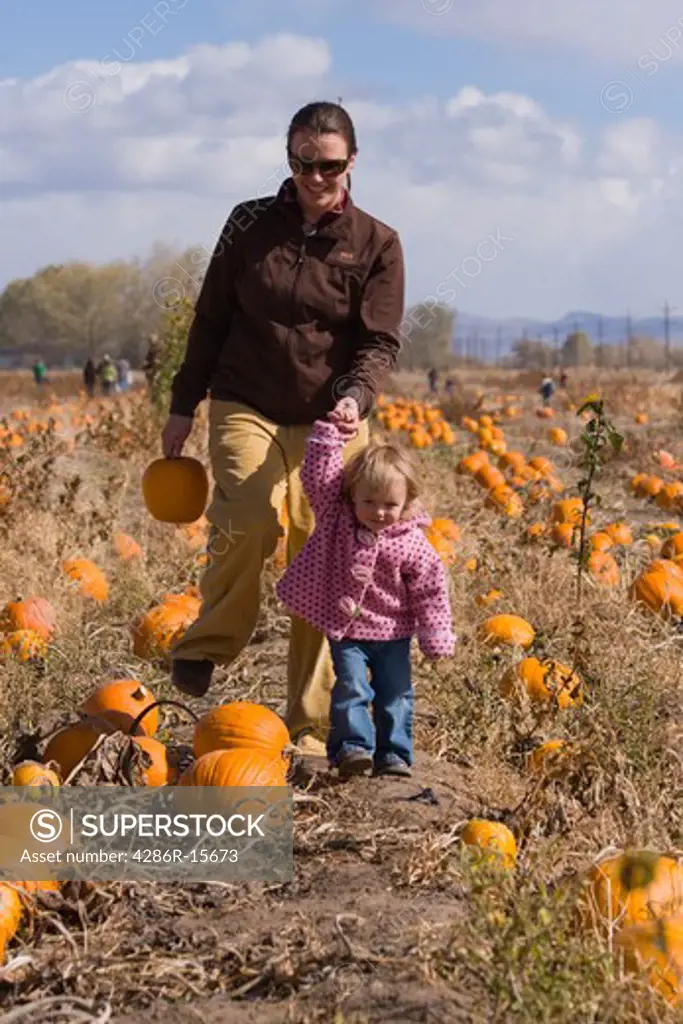A mother and daughter walking in a pumpkin patch in Fallon Nevada