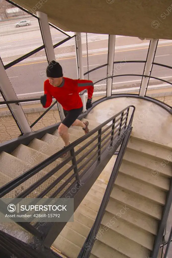 A man running up a stairwell in Reno in Nevada