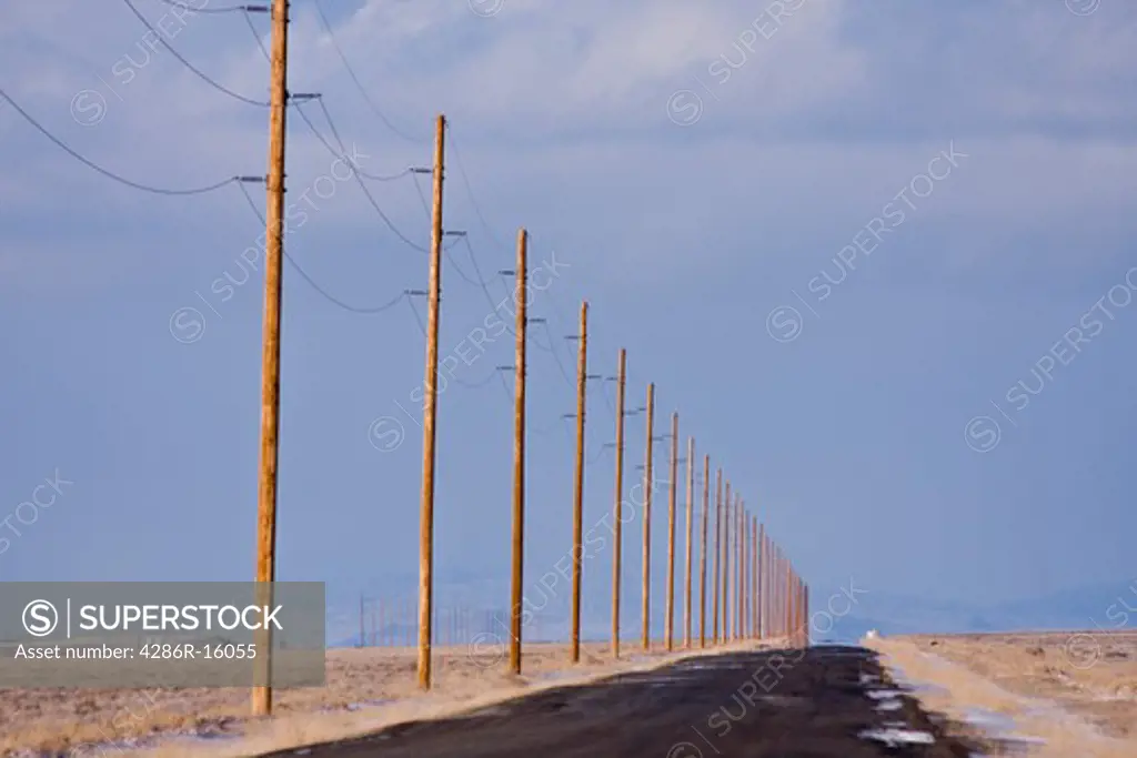 A road and a long line of telephone poles on the Bonneville Salt Flats in Utah