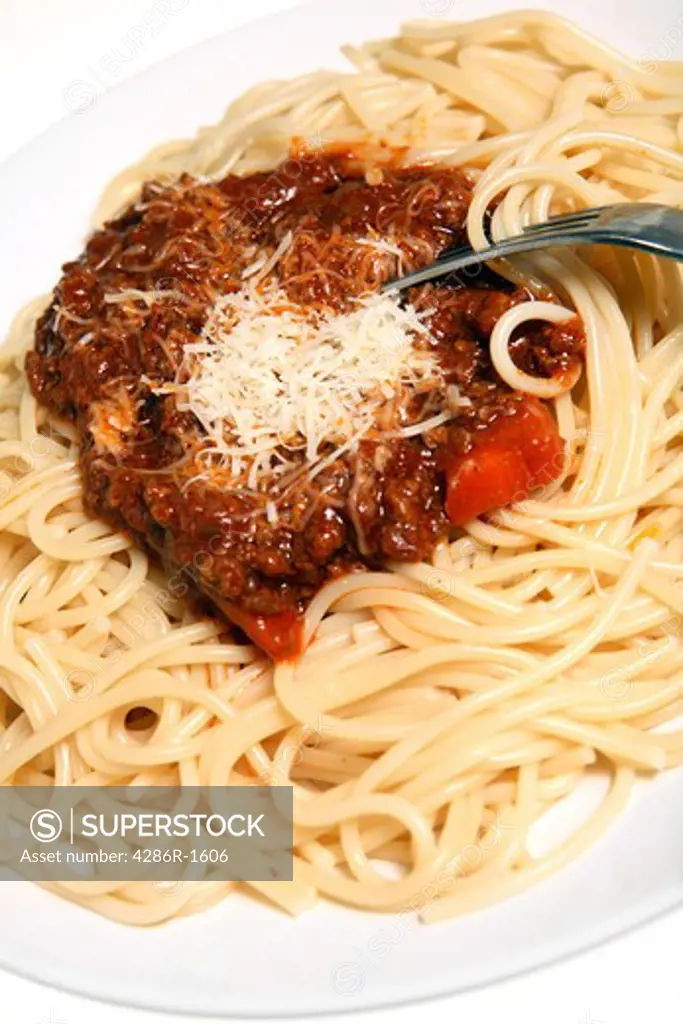Close-up on a plate of spaghetti bolognaise, topped with freshly grated parmesan cheese,with a fork.