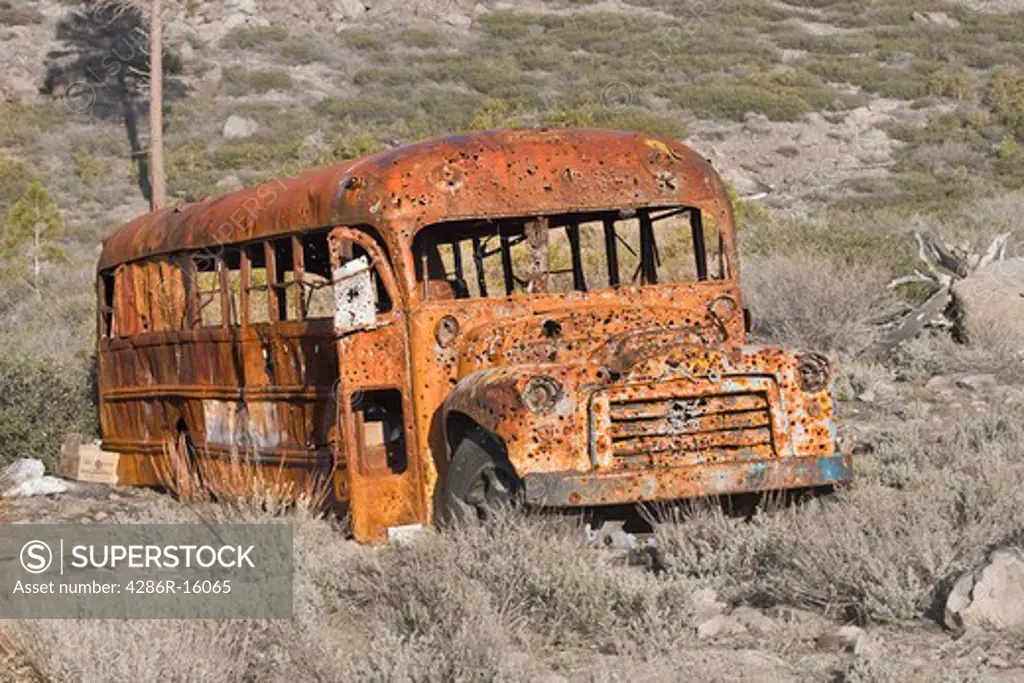 A very old school bus that has been shot full of holes near Truckee in California