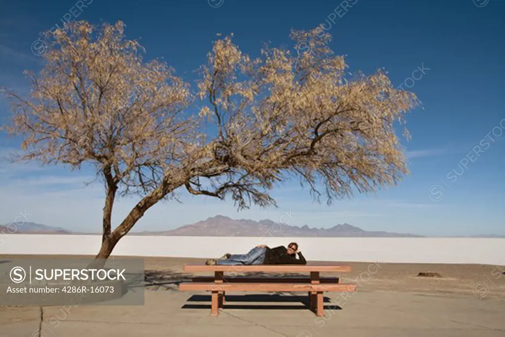 A woman lying on a picnic table under a Mesquite tree smiling at the camera at a rest stop on highway I-80 on the Bonneville Salt Flats in Utah