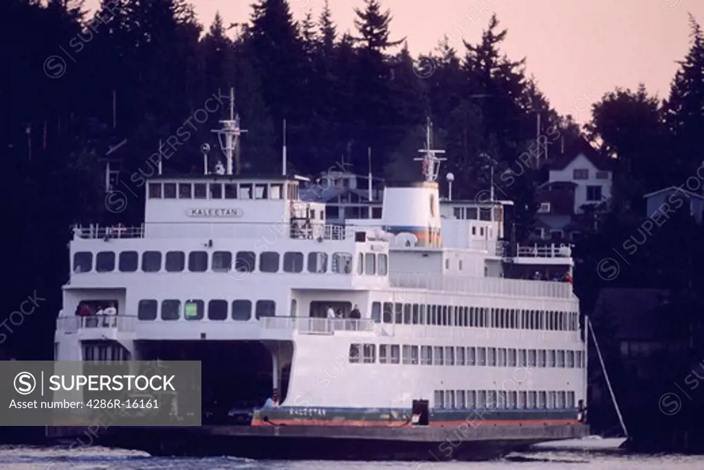 A ferry from the Washington State ferry system at sunset in Friday Harbor in the San Juan Islands Washington