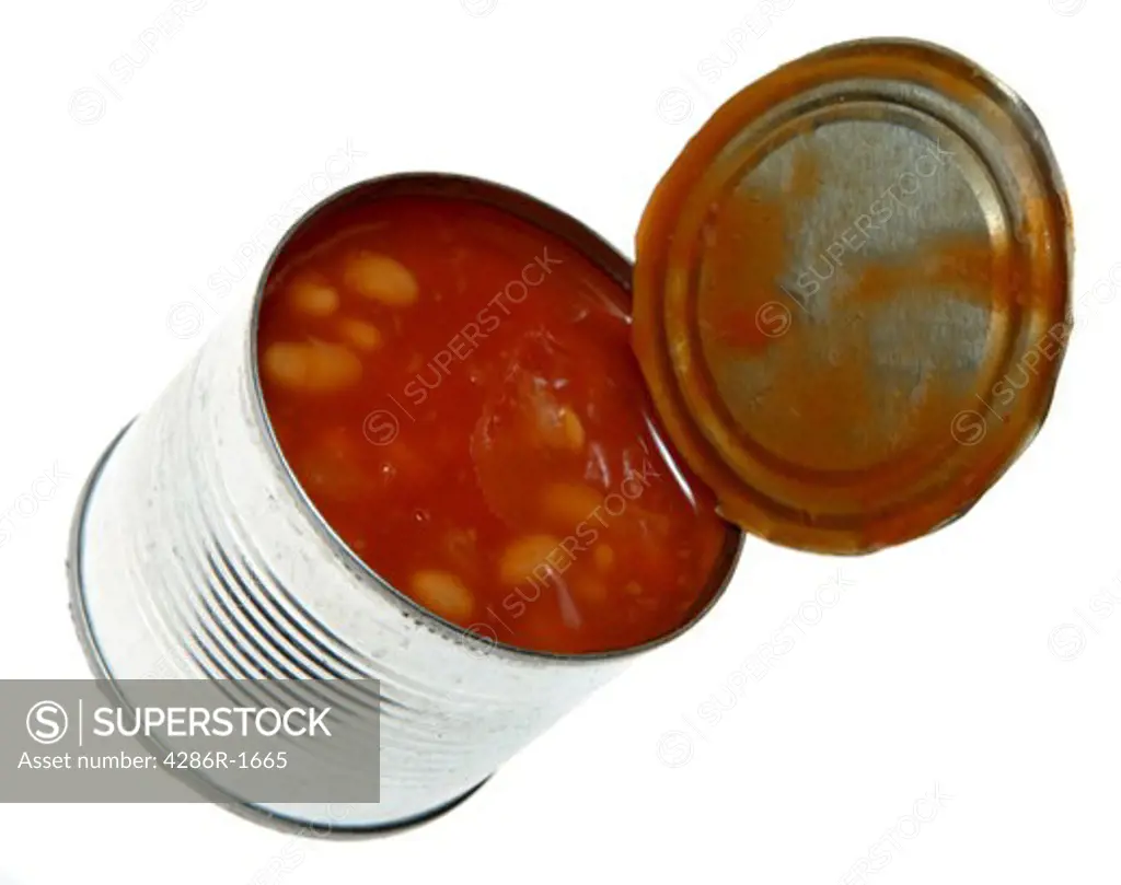 A tin of baked beans, opened, over a white background