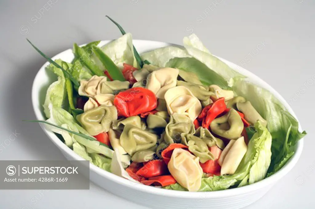 A tortellini pasta salad, with lettuce, onion, capsicum, tomato etc.