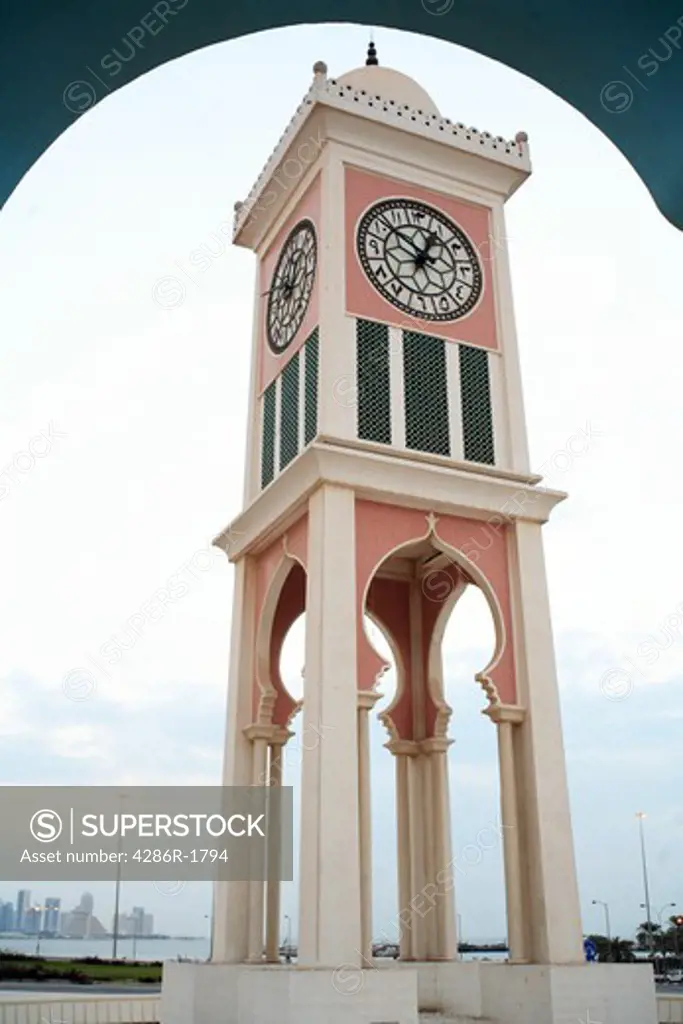 The Clock Tower outside the Emiri Diwan palace in central Doha, Qatar. The old tower, dating from the early days of Qatari independence, was one of the city's first landmarks.