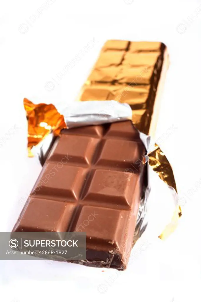 A bar of chocolate with the wrapping torn open, vertical