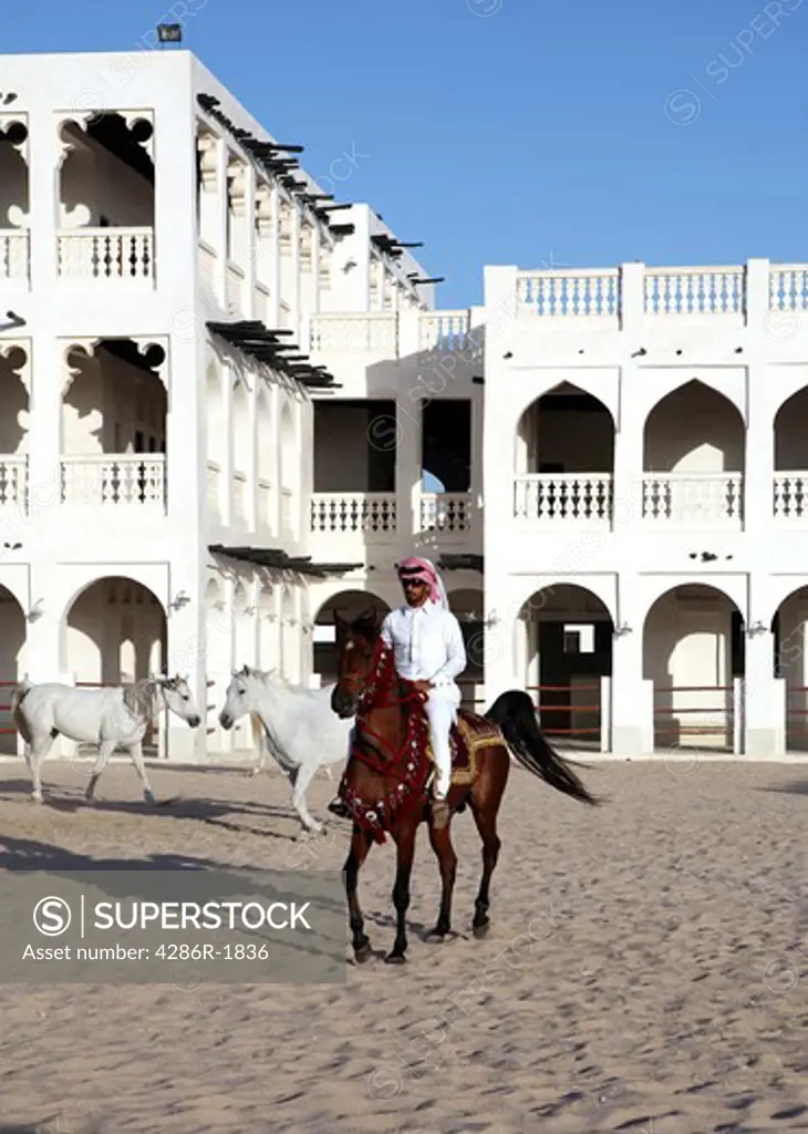 A rider shows off a pure-bred Arab stallion, its saddle adorned with the State of Qatar arms, in a paddock opposite the Emiri Diwan in central Doha, Qatar. The harness and blankets are the traditional arab pattern. The ornate stables in the background are part of the redeveloped Souq Waqif area.