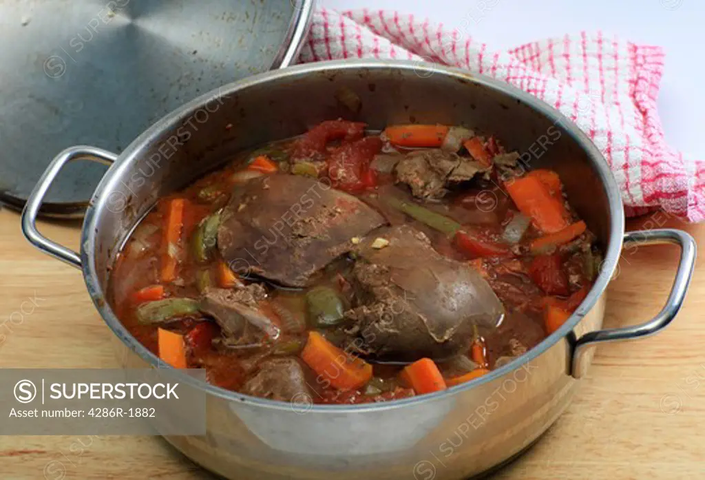 A lamb's liver and vegetable casserole straight from the oven