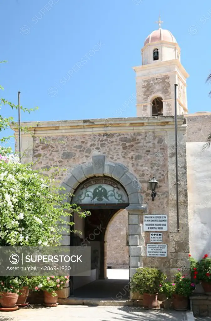 The entrance to Toplou Monastery, Lasithi, Crete. The monastery is famous for being a centre of the Cretan resistance to occupation both in Ottoman times and during World War II.