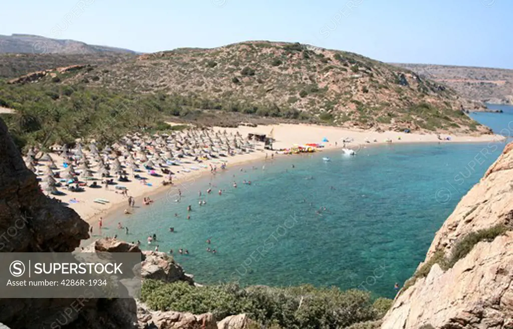 A view of the famous 'palm tree forest' beach at Vai, on the Eastern tip of Crete, Greece.