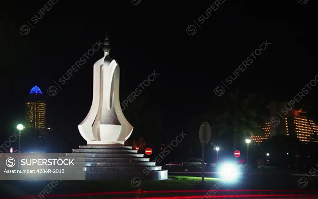 A view of the Dallah 'coffee pot' monument, symbolising welcome, on the Corniche road in Doha, Qatar, Arabia. Shot on film, April 15, 2009