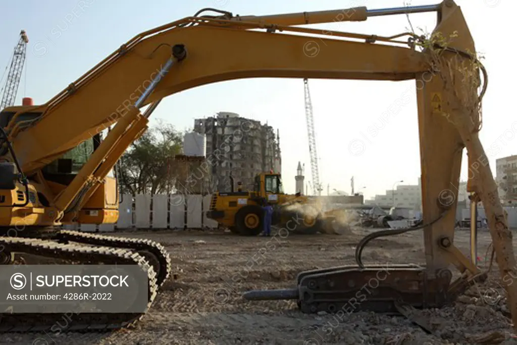Heavy machinery on site during the demolition of the Musheireb area of central Doha, Qatar, in November 2009, to make way for a major rebuilding programme.