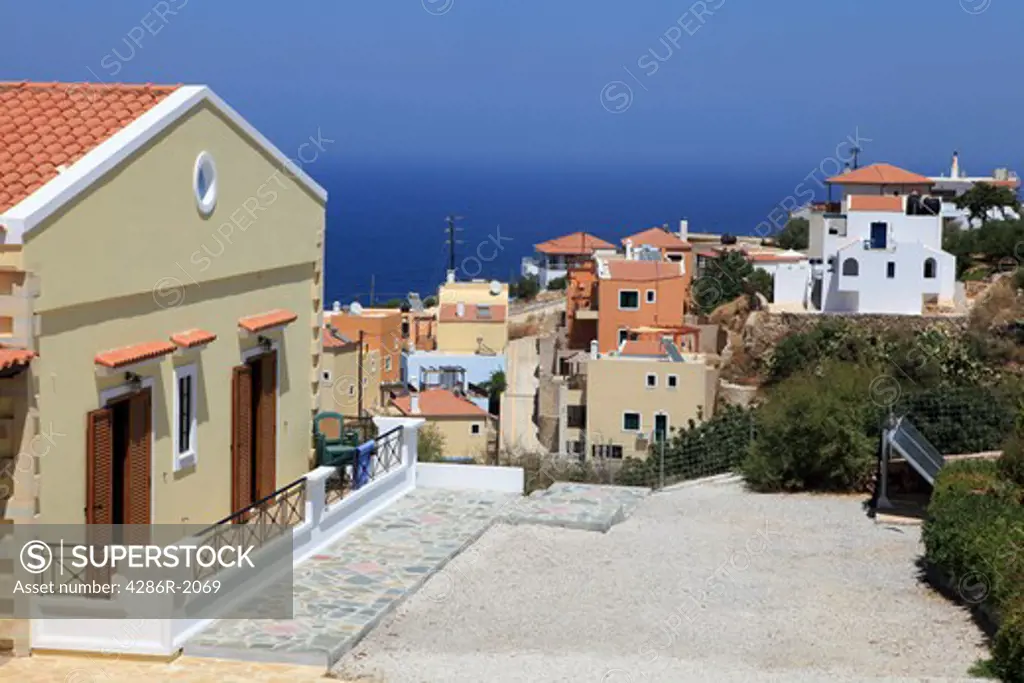 A view of new tourist homes developed in the Kokkino Horio area of north Crete, Greece. The area is awash with British and other north European settlers who have all moved in to new homes since about 2000,