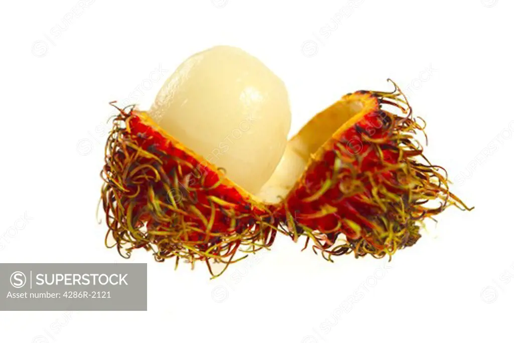 A rambutan with its shell cut open in the normal way to extract the fruit