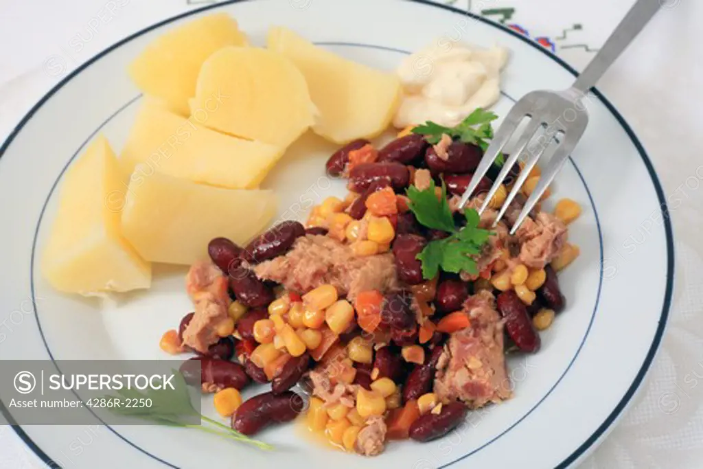 Tuna, kidney bean and sweetcorn salad, served with boiled potatoes and mayonnaise