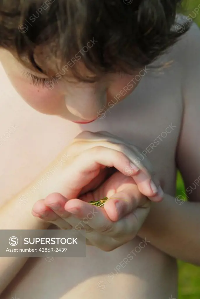 Young boy holding a tiny frog in his hands