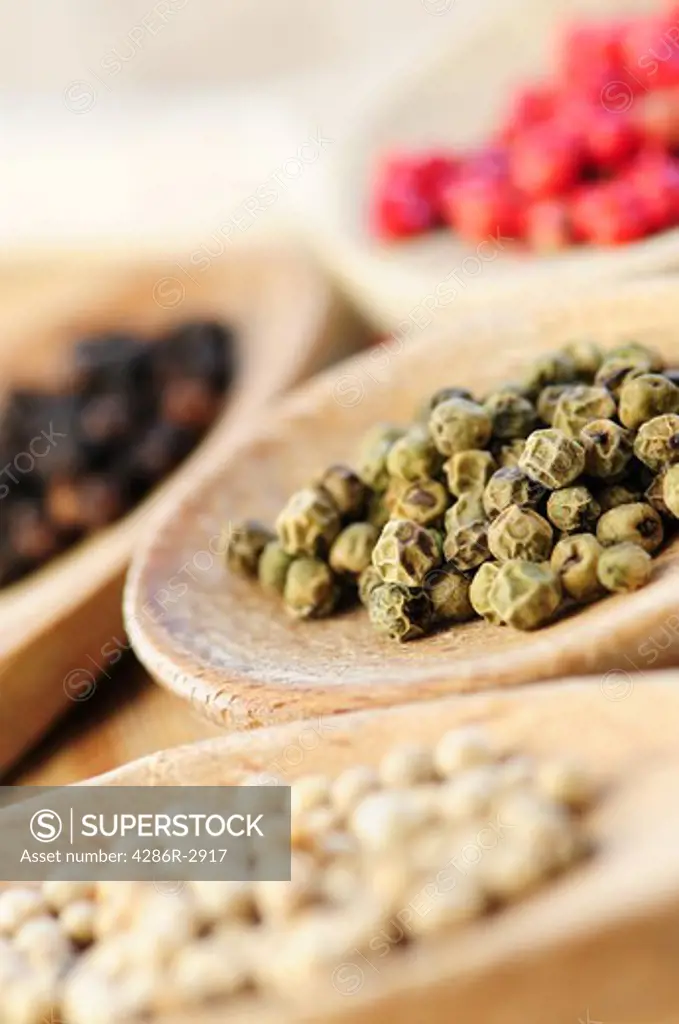 Assorted peppercorns in wooden cooking spoons macro