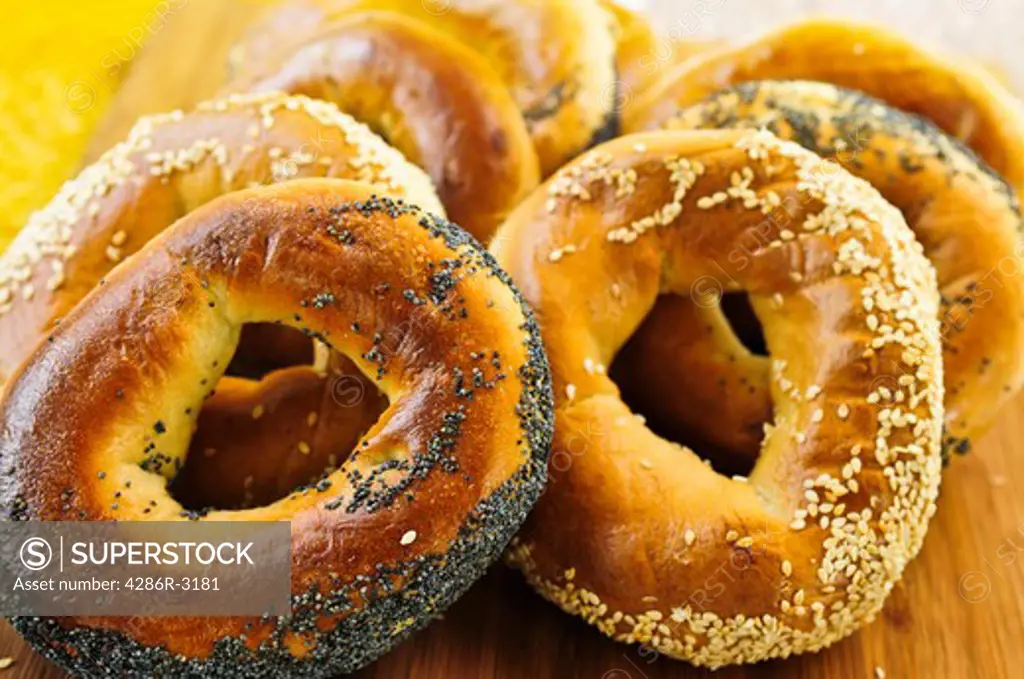 Variety of fresh Montreal style bagels close up