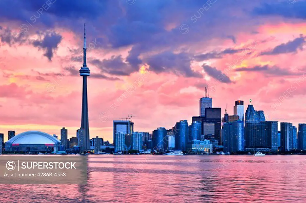 Scenic view at Toronto city waterfront skyline at sunset