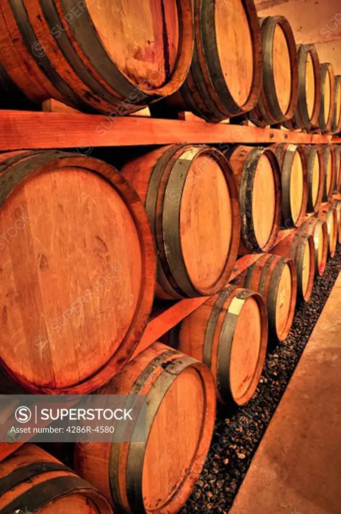 Stacked oak wine barrels in winery cellar