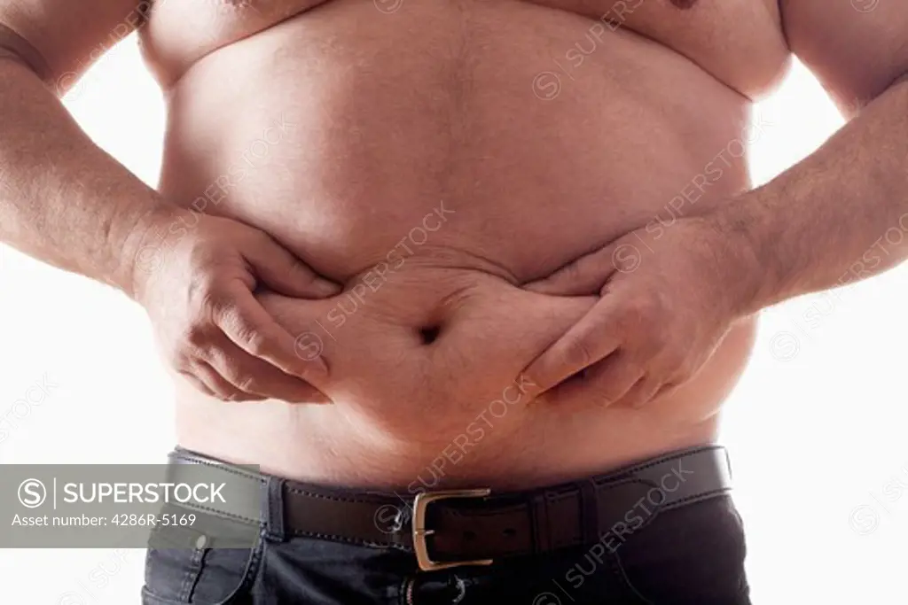 big belly of a fat man isolated on white