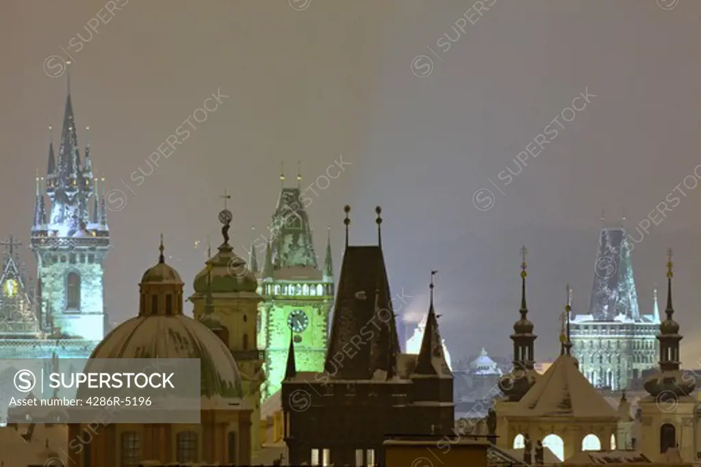 prague - spires of the old town during heavy snowfall