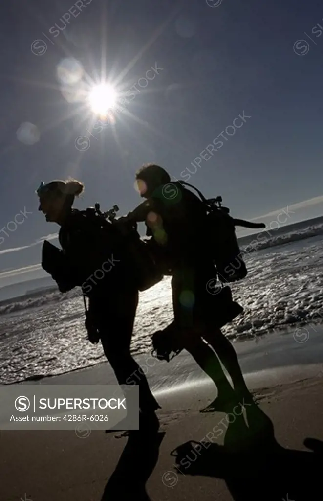 Silhouette of couple on beach in scuba gear