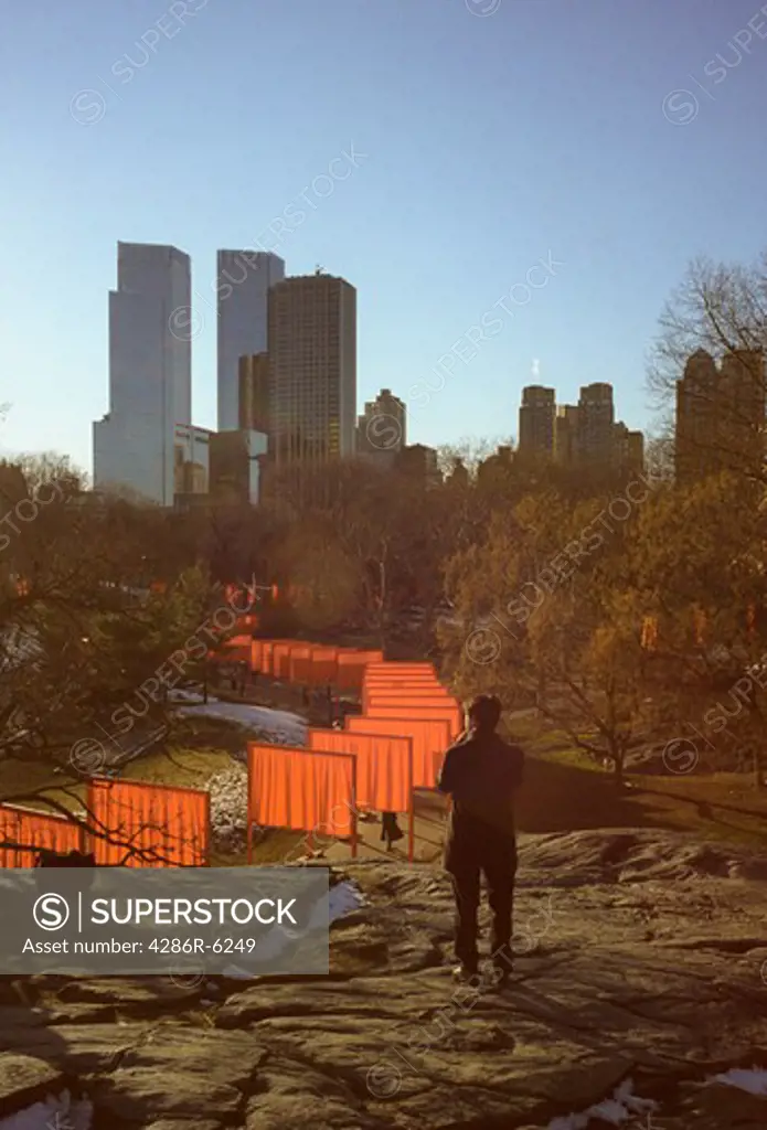 Overview of The Gates, a temporary exhibit by Christo and Jeanne Claudes in Central Park, New York, NY .