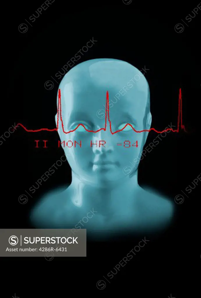 Studio image of human head with ekg graph superimposed over skull