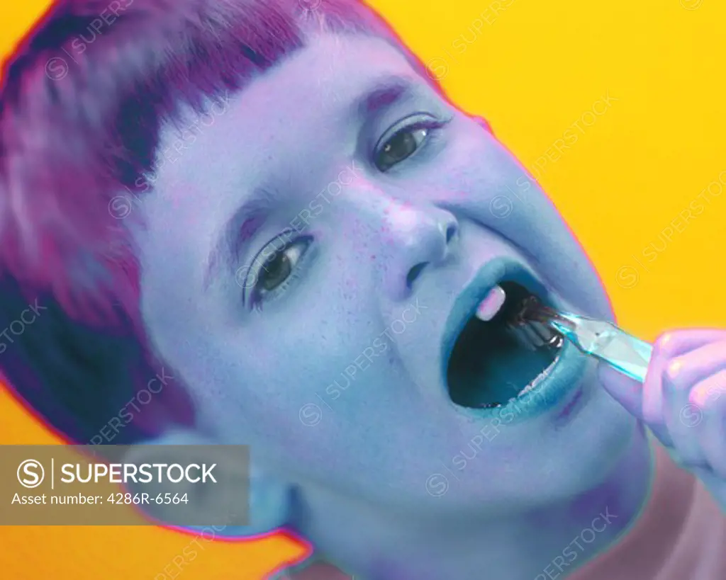 Colored gel image of a young boy with only one front tooth brushing his tooth.