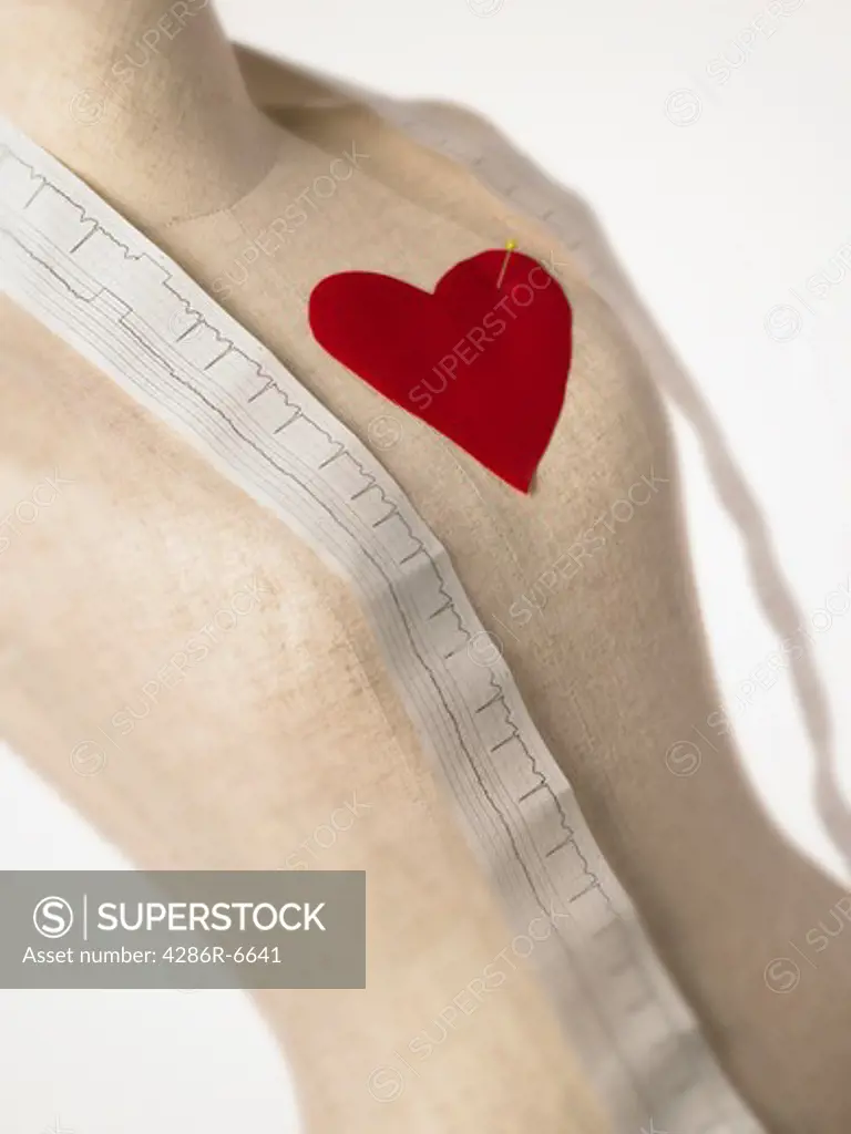 Close up of a dressmakers form with a red satin heart pinned to the chest and an ekg printout wrapped around the neckline