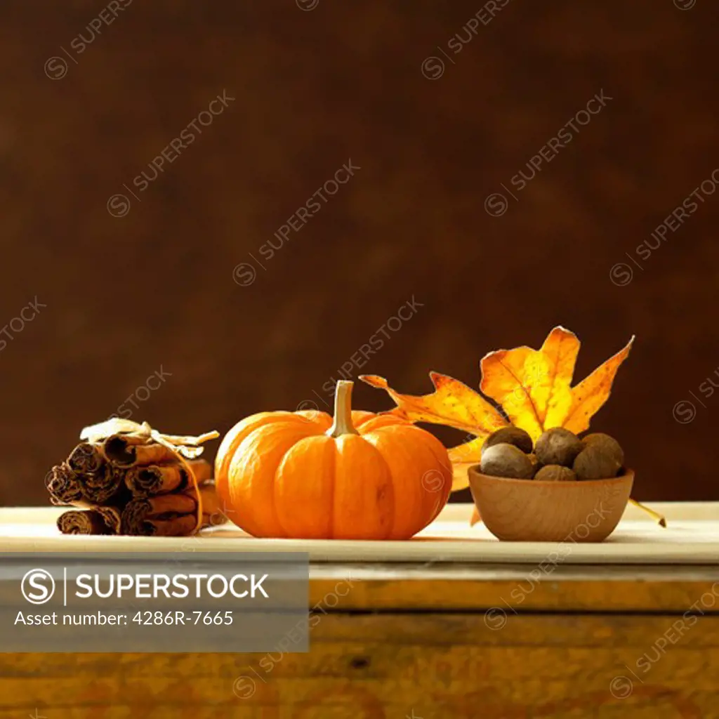 Fall still life with pumpkin and spice