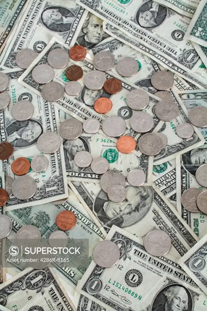 Background texture of US cash and coins