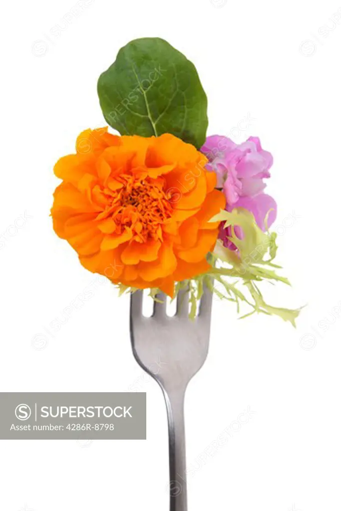 Edible flower salad on fork