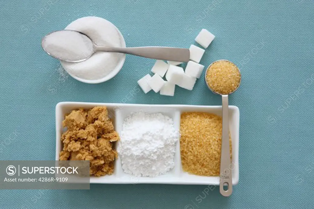 Several types of Sugar: Refined Sugar, Sugar Cubes, Brown Sugar, Powdered Sugar and Raw Sugar