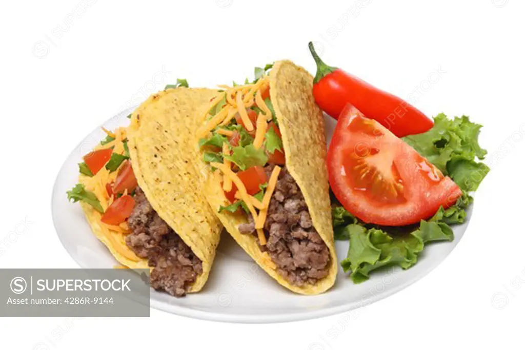 Plate with tacos,  cutout on white background