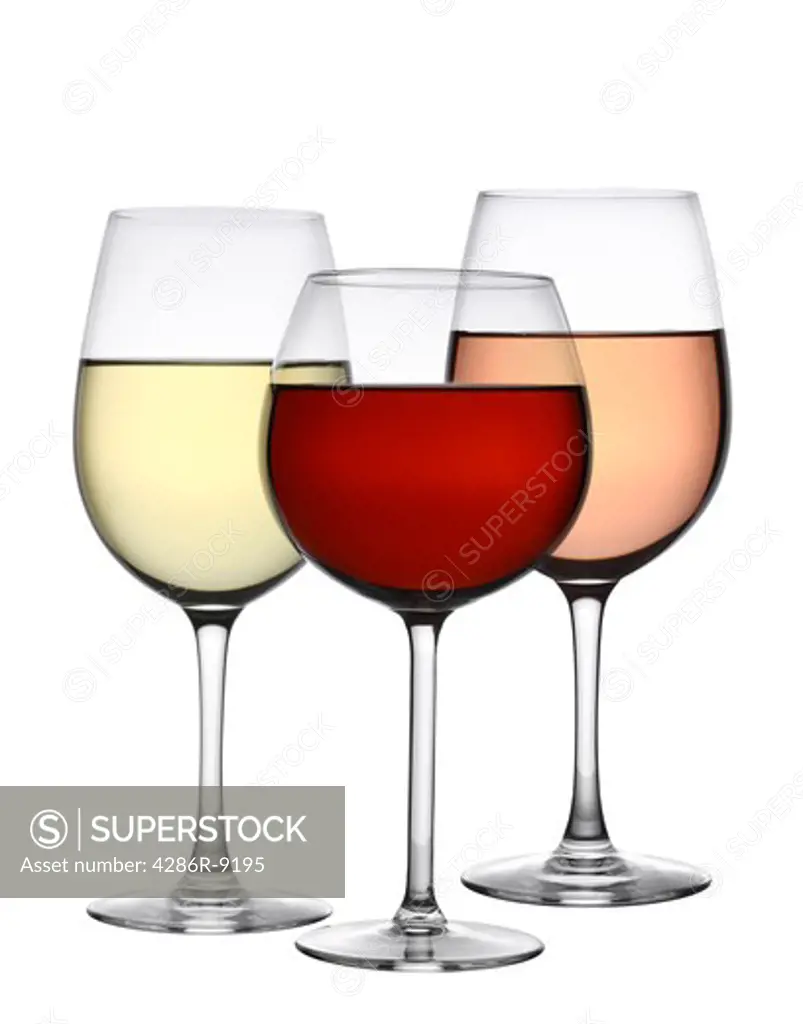 Glasses of red, white, and rose wine cutout, isolated on white background