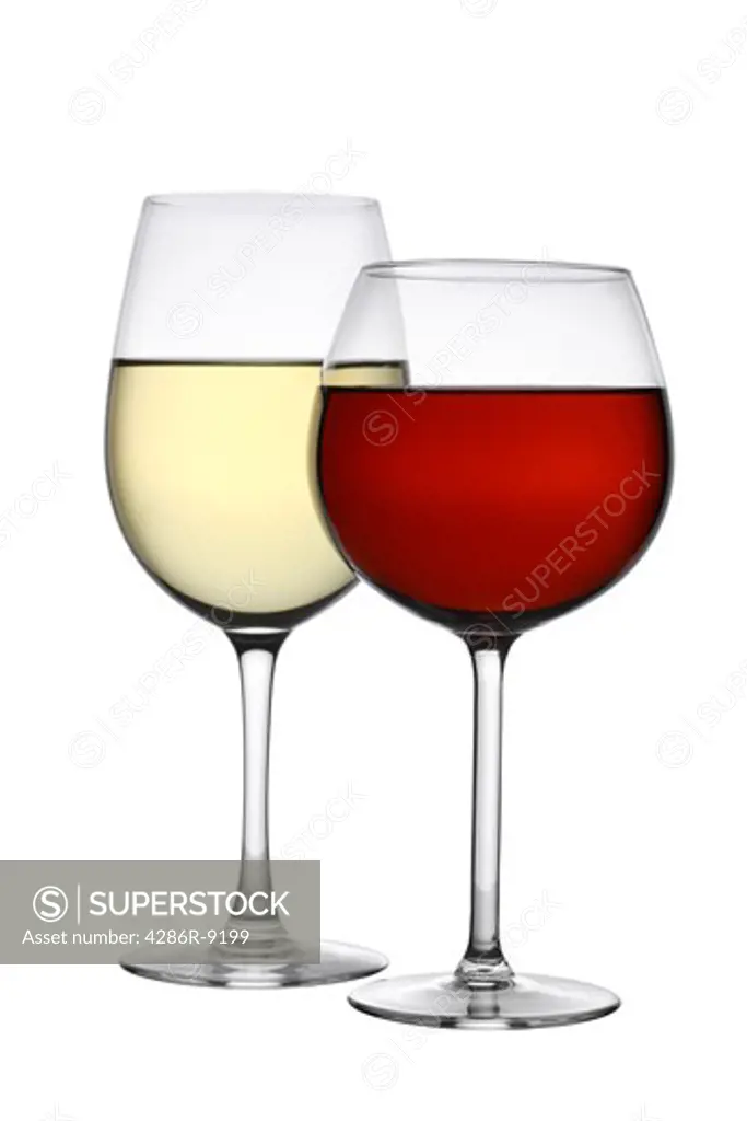 Glasses of red and white wine cutout, isolated on white background