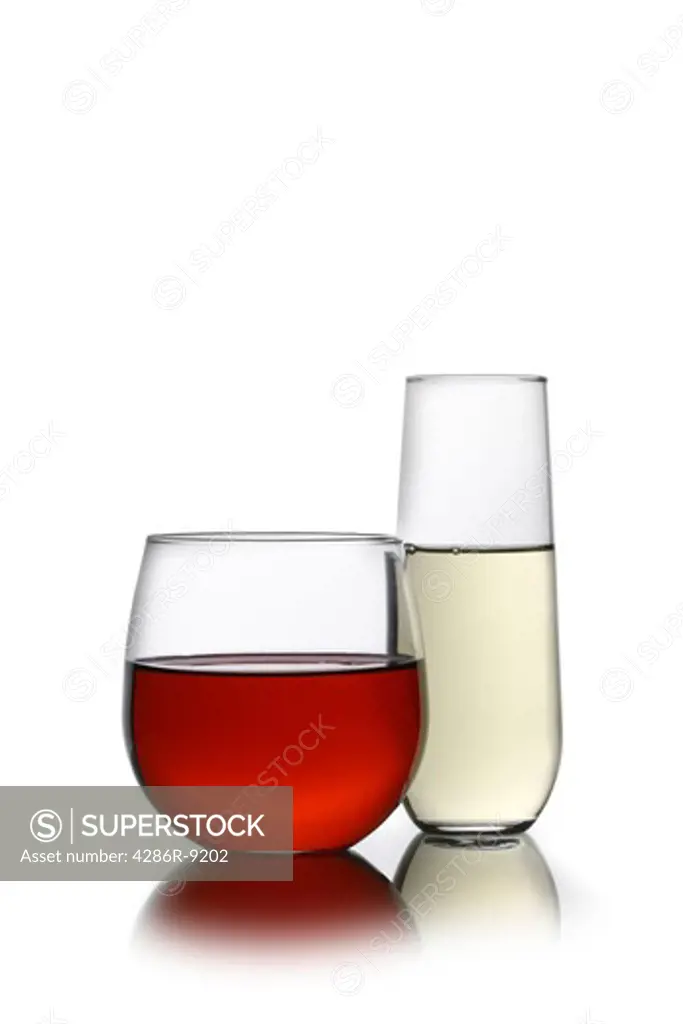 Red and white wine in stemless glasses cutout, isolated on white background
