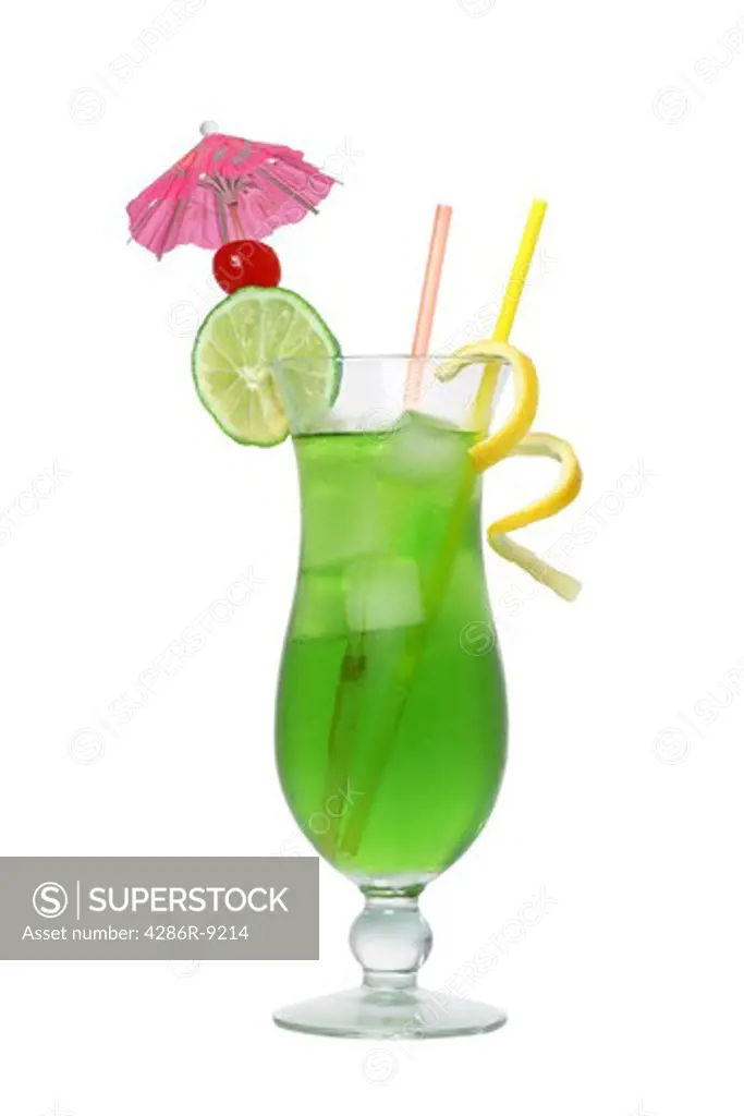 Green tropical cocktail drink cutout, isolated on white background