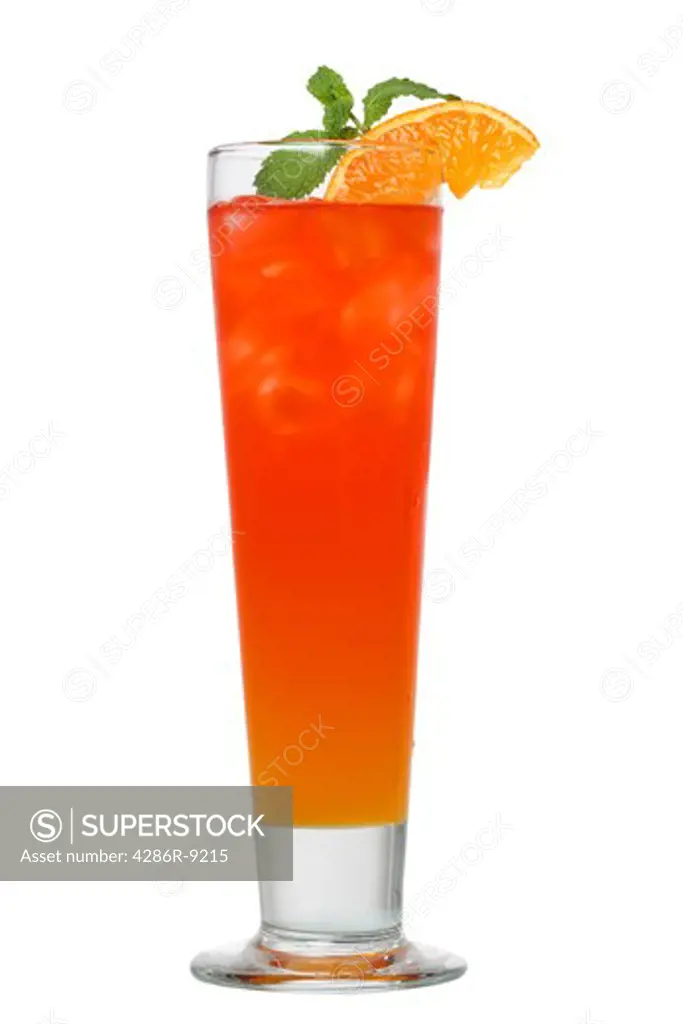 Cocktail drink with orange and mint cutout, isolated on white background