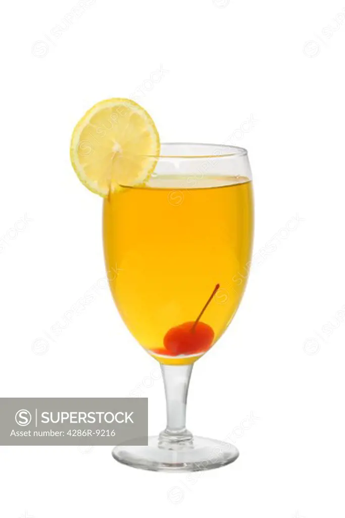 Cocktail with lemon slice and cherry cutout, isolated on white background